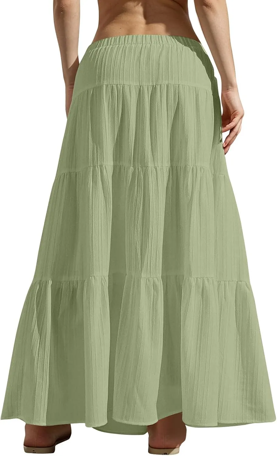 Maxi Skirts for Women Beach Boho Tiered Flowy Swing Midi Skirt Elastic Drawstring Waist Layered Pleated Long Skirt
