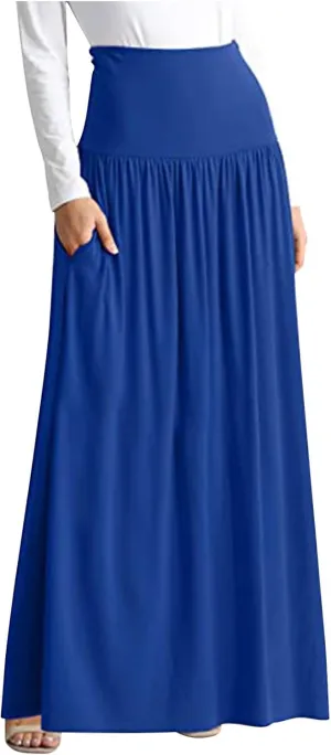 Maxi Skirts for Women, High Waisted Smocked Pleated Long Skirt with Pocket Plus Size Stretch Flowy Shirring Skirt S-4XL