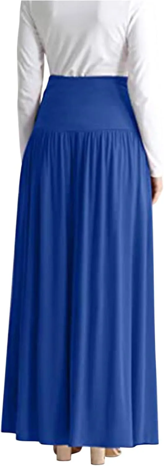 Maxi Skirts for Women, High Waisted Smocked Pleated Long Skirt with Pocket Plus Size Stretch Flowy Shirring Skirt S-4XL