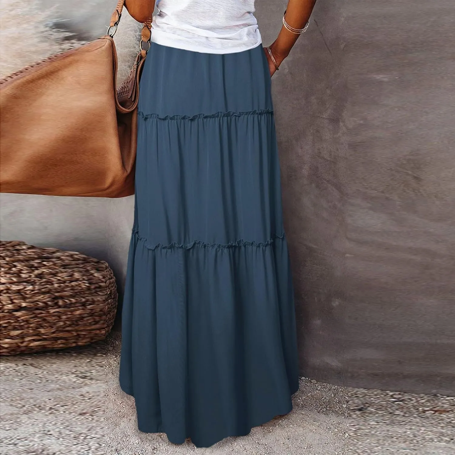 Maxi Skirts for Women Summer Floral Pleated Tiered Boho Flowy Elastic Waist Aline Spring Beach Vacation Long Skirt