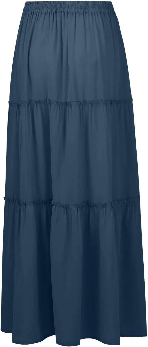 Maxi Skirts for Women Summer Floral Pleated Tiered Boho Flowy Elastic Waist Aline Spring Beach Vacation Long Skirt