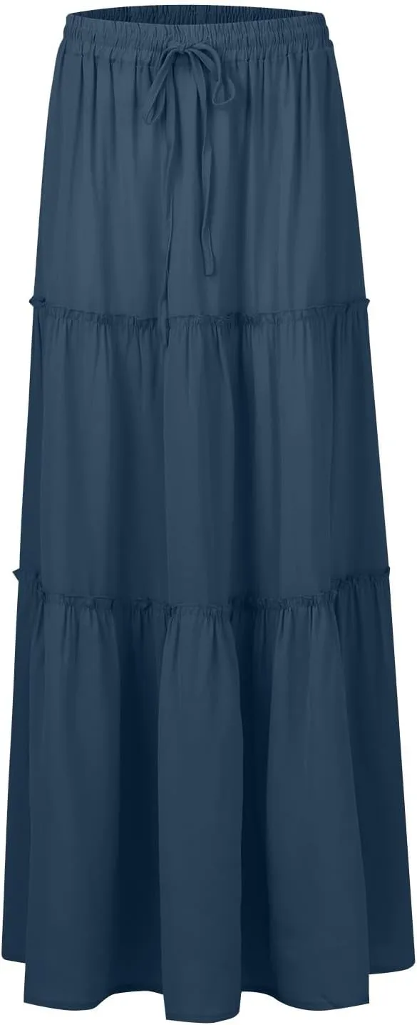 Maxi Skirts for Women Summer Floral Pleated Tiered Boho Flowy Elastic Waist Aline Spring Beach Vacation Long Skirt