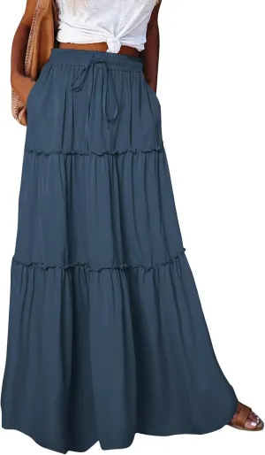 Maxi Skirts for Women Summer Floral Pleated Tiered Boho Flowy Elastic Waist Aline Spring Beach Vacation Long Skirt