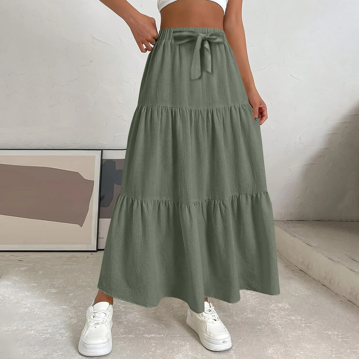 Maxi Skirts for Women Trendy High Waisted Flowy Tiered Linen Skirt Casual Pleated A-Line Beach Long Skirts with Tie