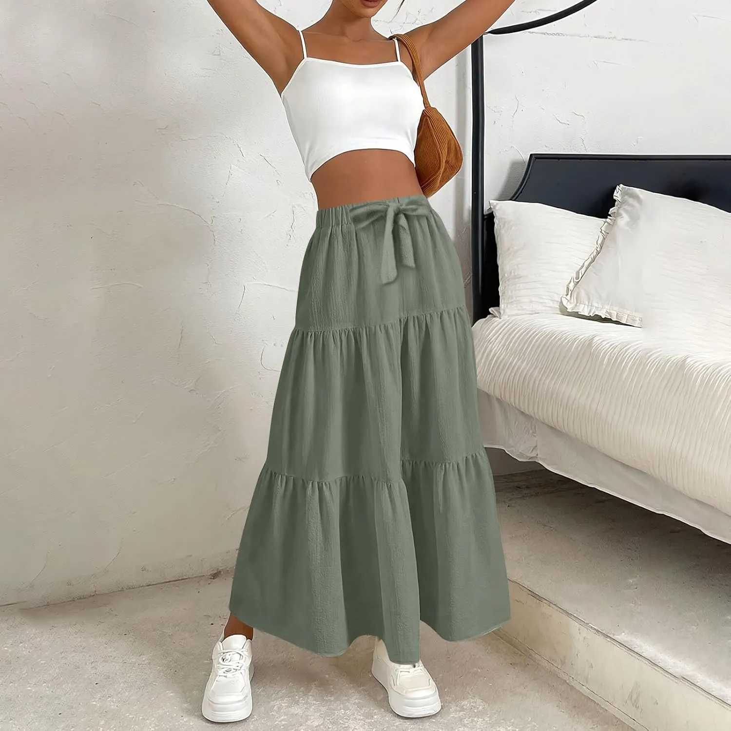Maxi Skirts for Women Trendy High Waisted Flowy Tiered Linen Skirt Casual Pleated A-Line Beach Long Skirts with Tie