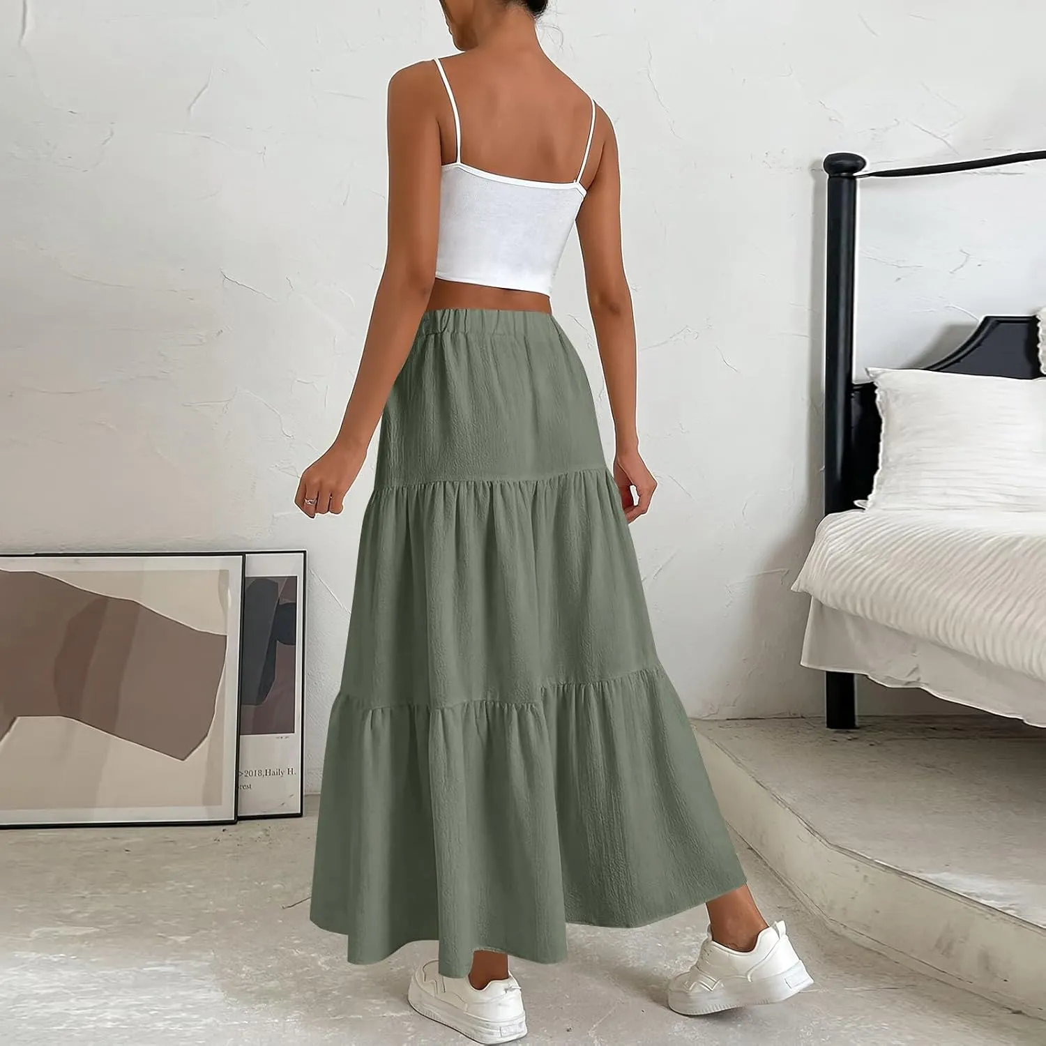Maxi Skirts for Women Trendy High Waisted Flowy Tiered Linen Skirt Casual Pleated A-Line Beach Long Skirts with Tie