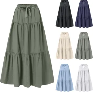 Maxi Skirts for Women Trendy High Waisted Flowy Tiered Linen Skirt Casual Pleated A-Line Beach Long Skirts with Tie