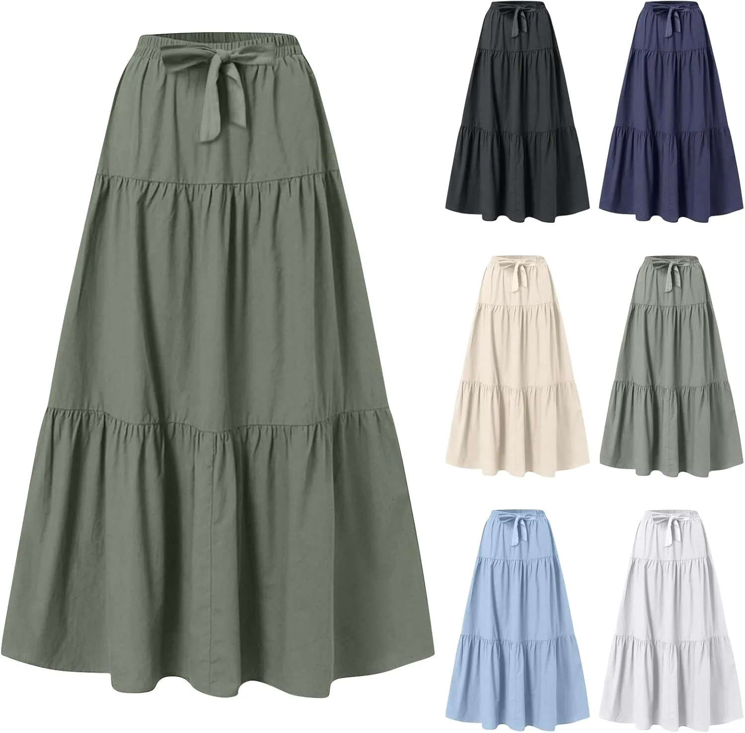 Maxi Skirts for Women Trendy High Waisted Flowy Tiered Linen Skirt Casual Pleated A-Line Beach Long Skirts with Tie