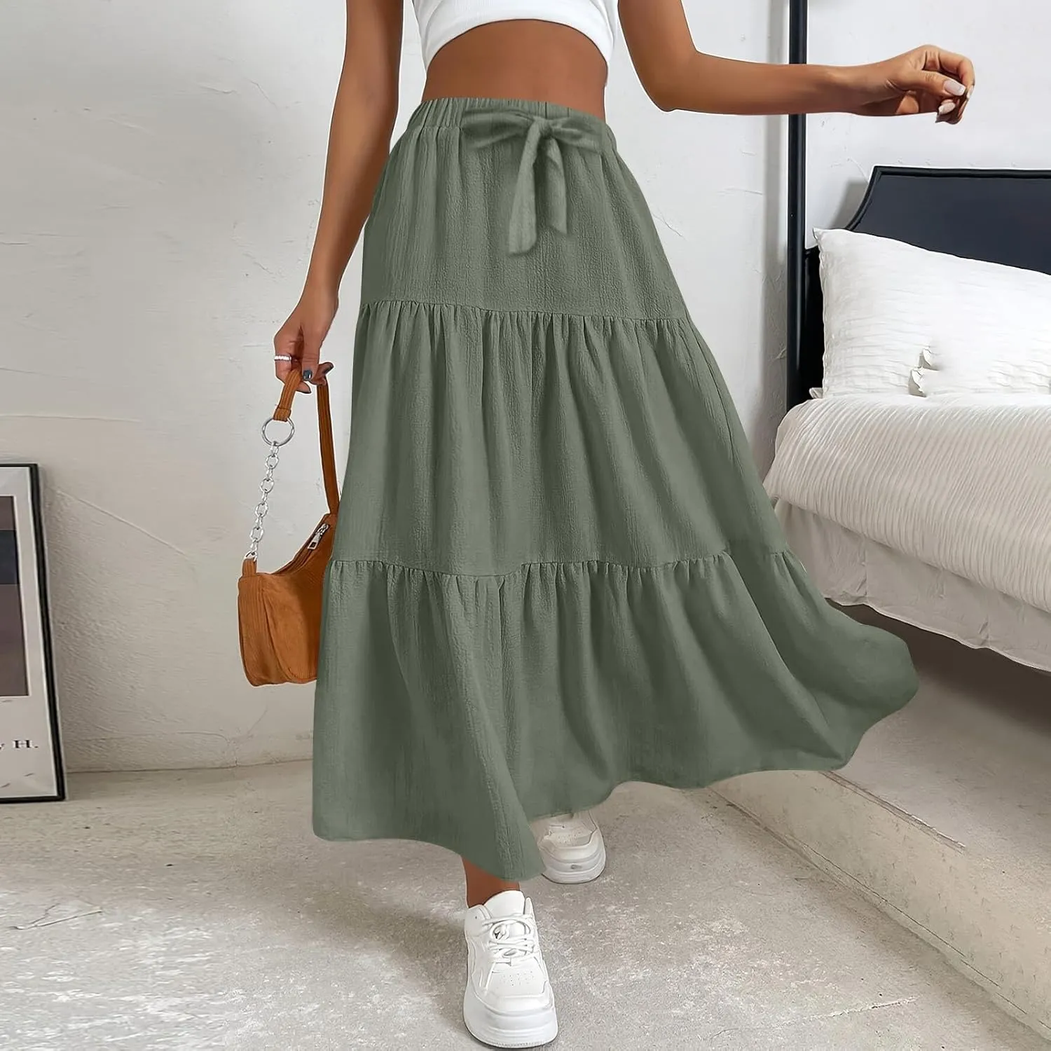 Maxi Skirts for Women Trendy High Waisted Flowy Tiered Linen Skirt Casual Pleated A-Line Beach Long Skirts with Tie