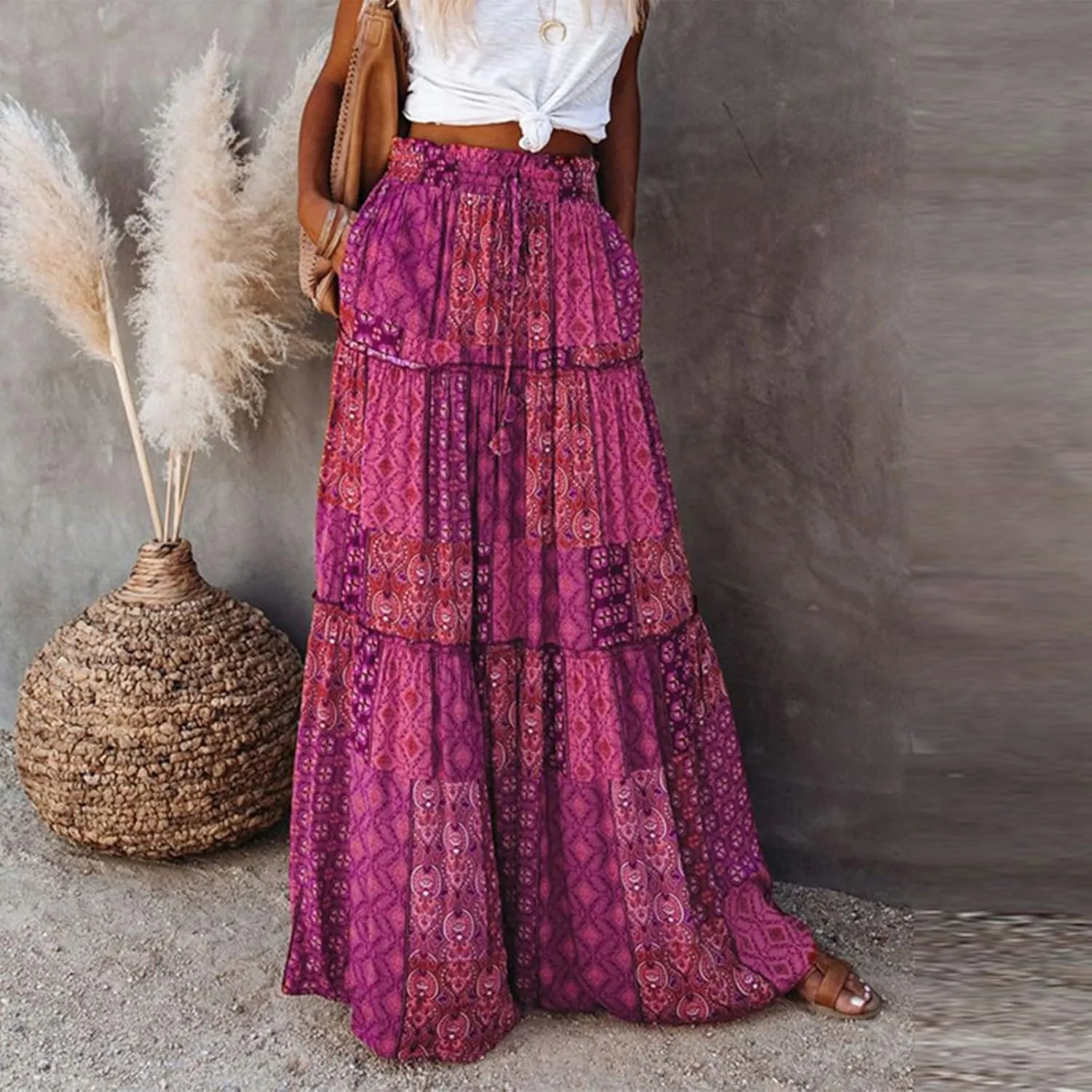 Maxi Skirts,Pleated Flowy Long Skirts for Women 2025 High Waisted Womens Boho Maxi Skirt with Pockets Trendy