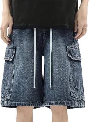 Men Loose Fit Denim Shorts Baggy Casual Summer Wide Leg Mid Jean Jorts Hip Hop Shorts Streetwear with Pockets