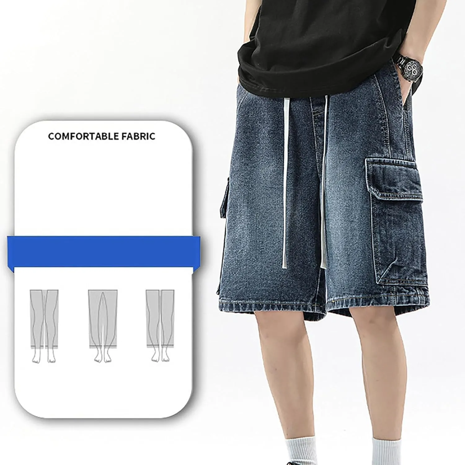 Men Loose Fit Denim Shorts Baggy Casual Summer Wide Leg Mid Jean Jorts Hip Hop Shorts Streetwear with Pockets