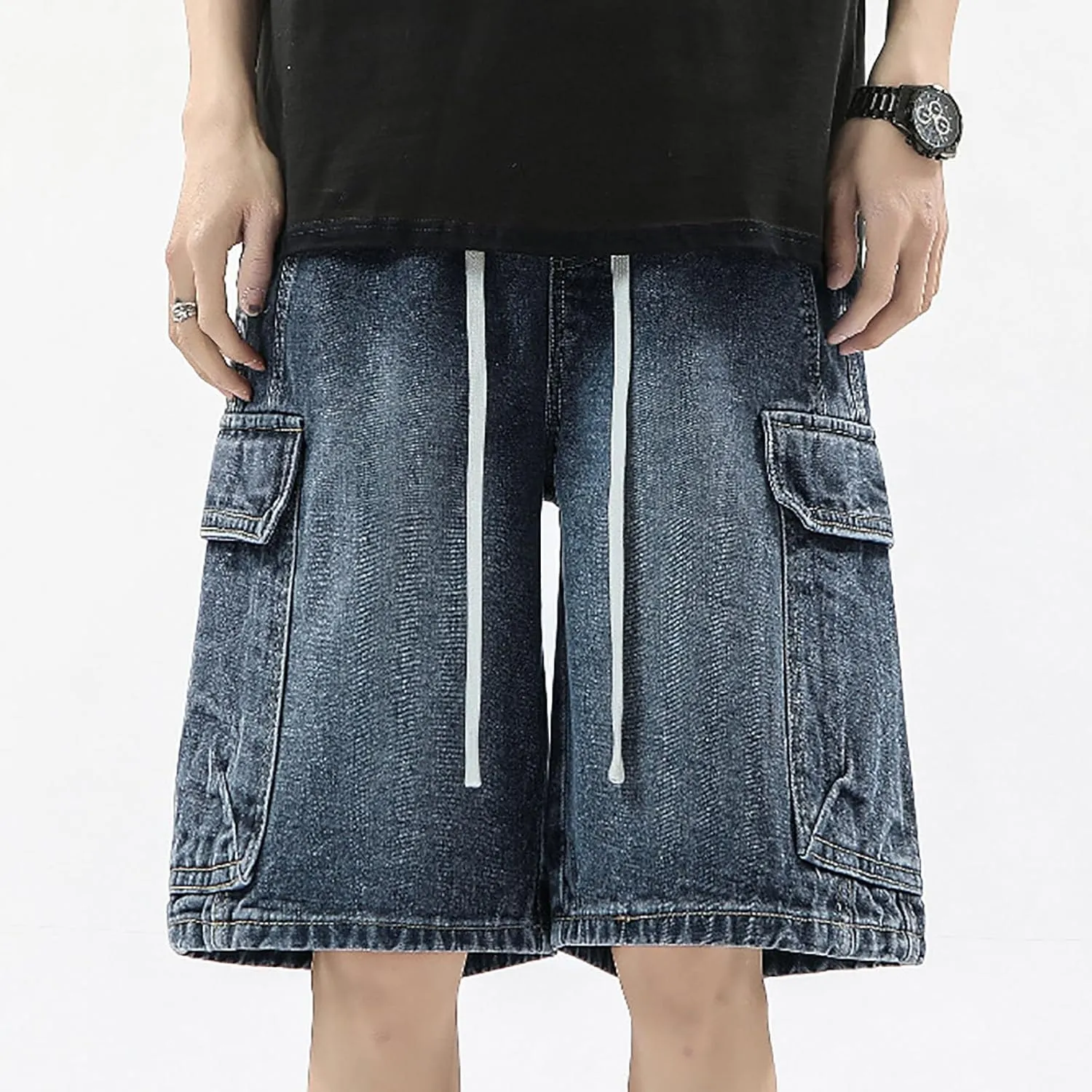 Men Loose Fit Denim Shorts Baggy Casual Summer Wide Leg Mid Jean Jorts Hip Hop Shorts Streetwear with Pockets