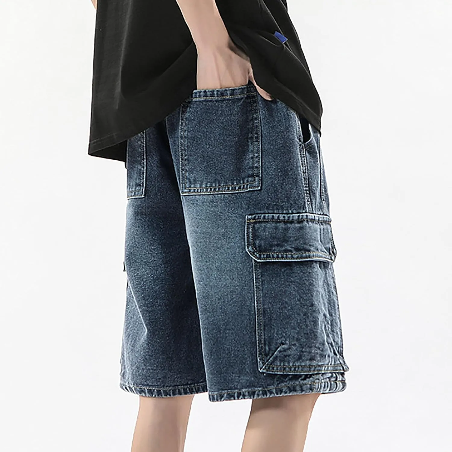 Men Loose Fit Denim Shorts Baggy Casual Summer Wide Leg Mid Jean Jorts Hip Hop Shorts Streetwear with Pockets