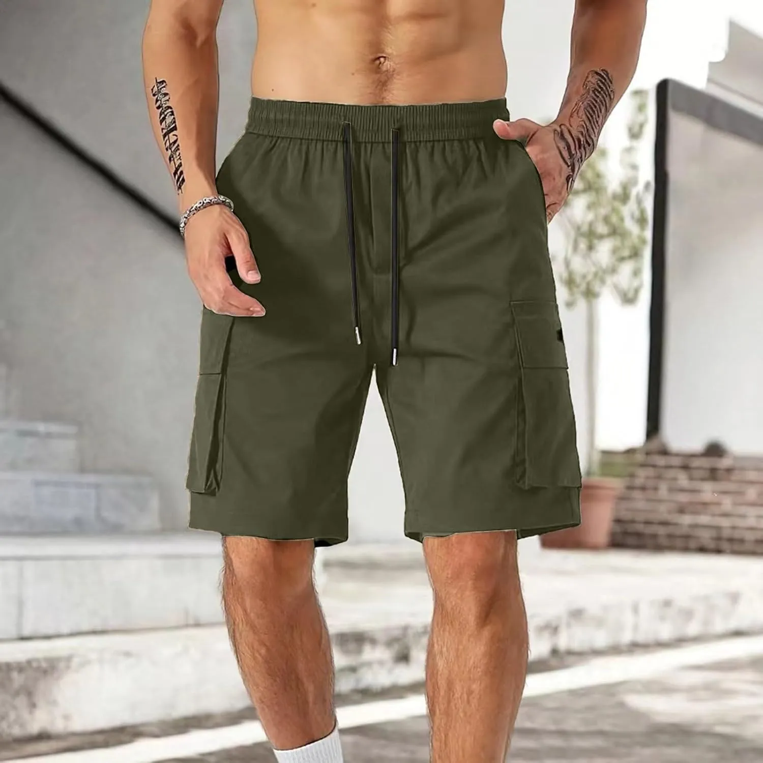 Men's Cargo Shorts Slim Fit Elastic Waist Hiking Long Shorts Drawstring Big Tall Golf Gym Work Pants Multi Pockets
