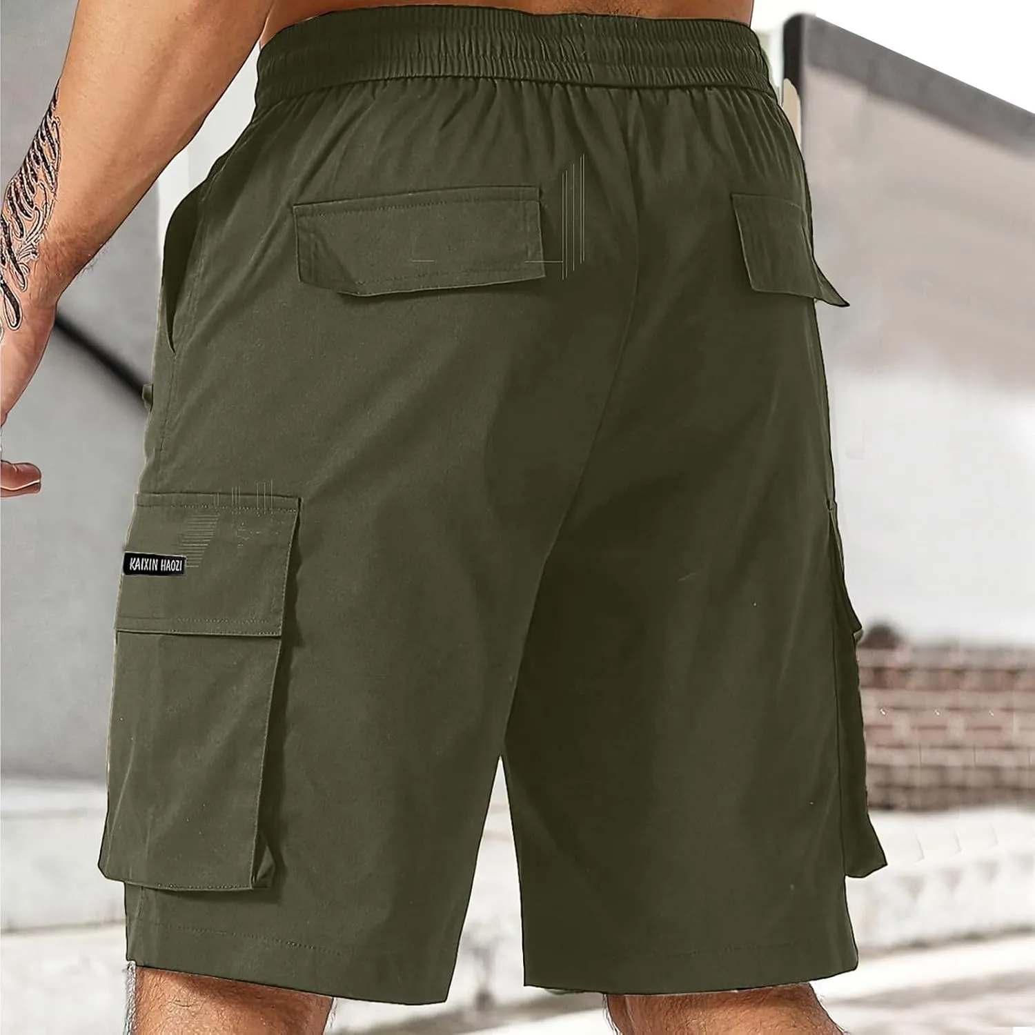 Men's Cargo Shorts Slim Fit Elastic Waist Hiking Long Shorts Drawstring Big Tall Golf Gym Work Pants Multi Pockets