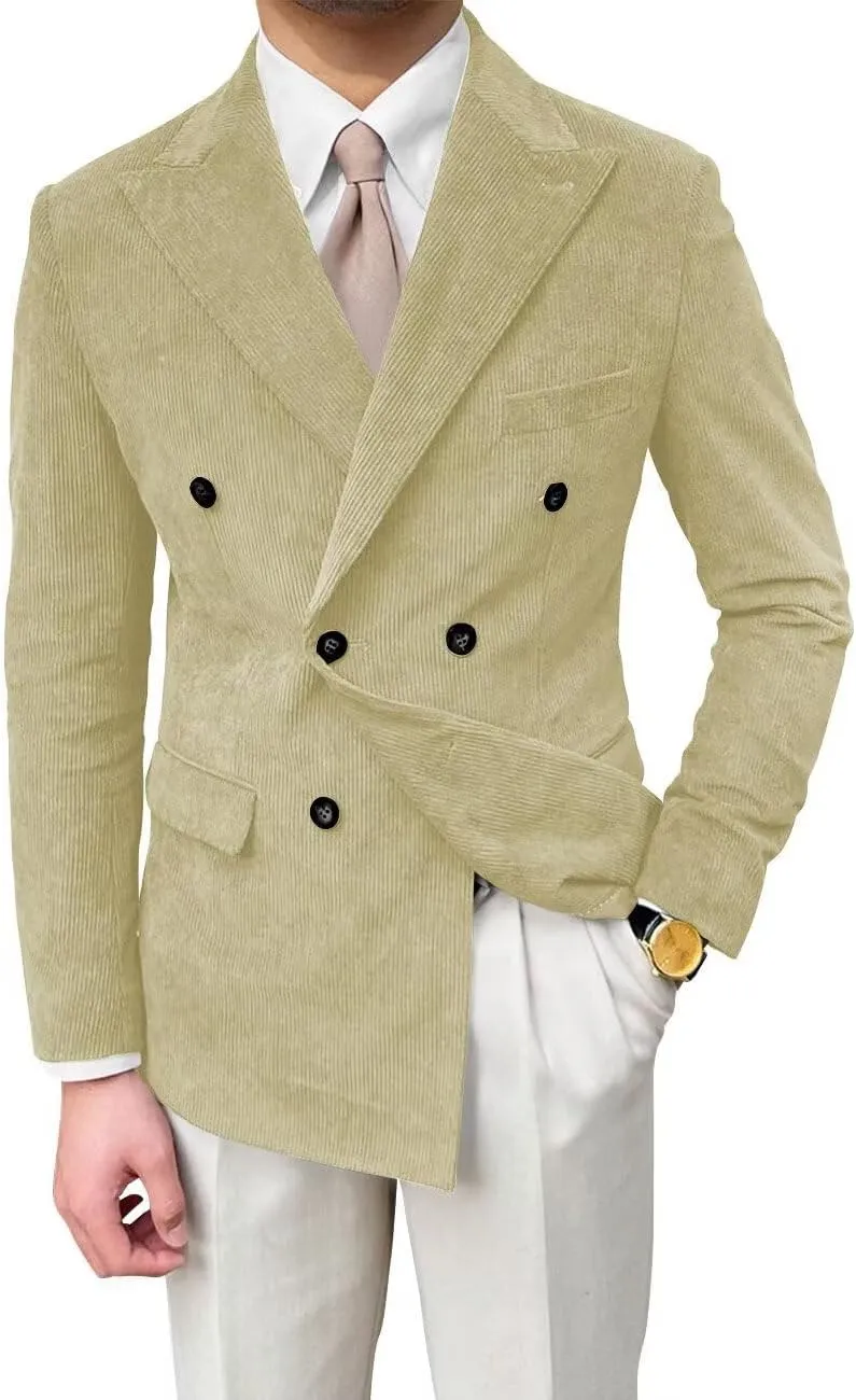 Mens Corduroy Jacket Double Breasted Blazer for Men Classic Suit Jacket Sport Coat Formal Casual Suit Blazer