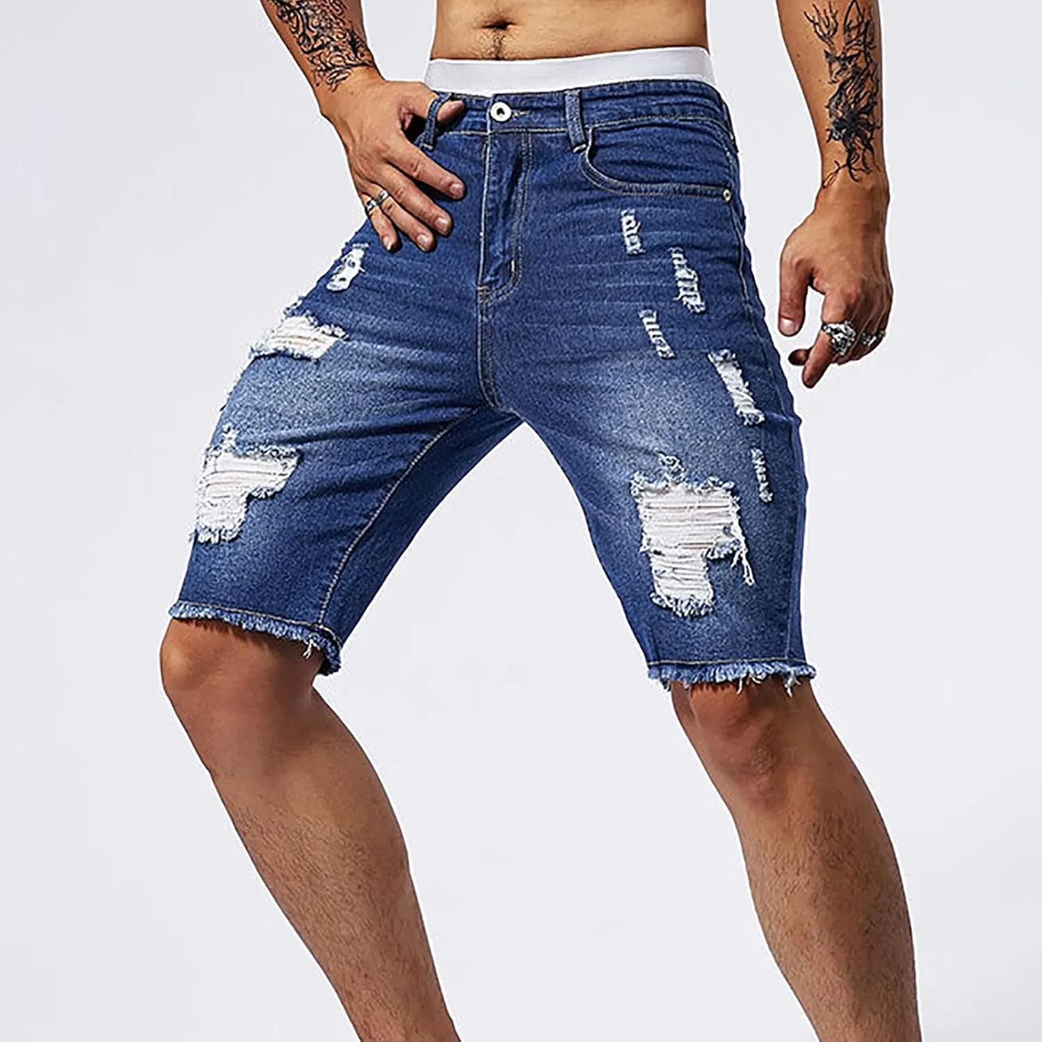 Mens Demin Shorts Casual Raw Trim Slim Fit Ripped Distressed Jean Shorts Y2K Hip Hop Fashion Grunge Denim Bottom