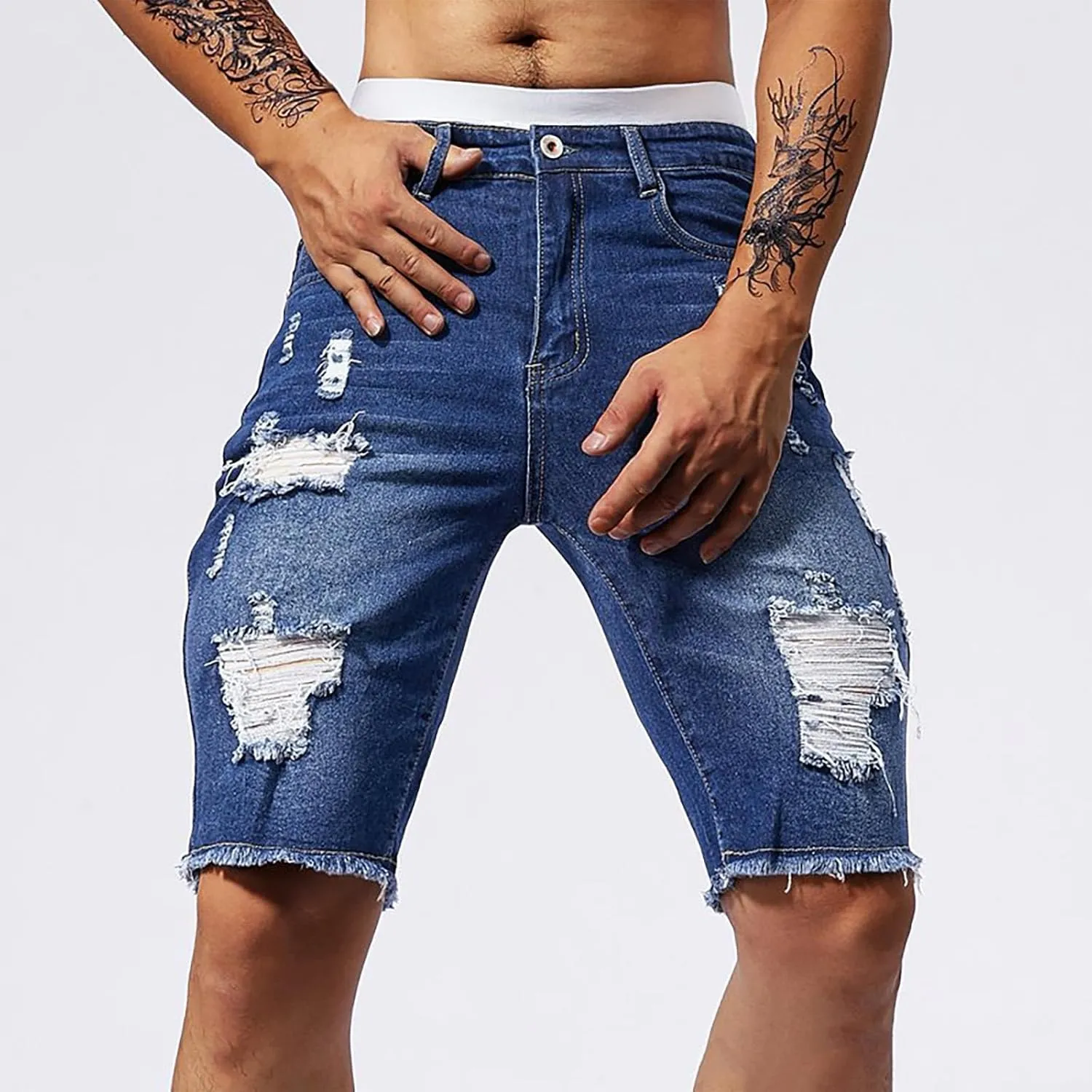 Mens Demin Shorts Casual Raw Trim Slim Fit Ripped Distressed Jean Shorts Y2K Hip Hop Fashion Grunge Denim Bottom