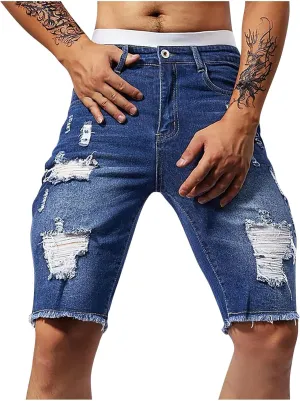 Mens Demin Shorts Casual Raw Trim Slim Fit Ripped Distressed Jean Shorts Y2K Hip Hop Fashion Grunge Denim Bottom