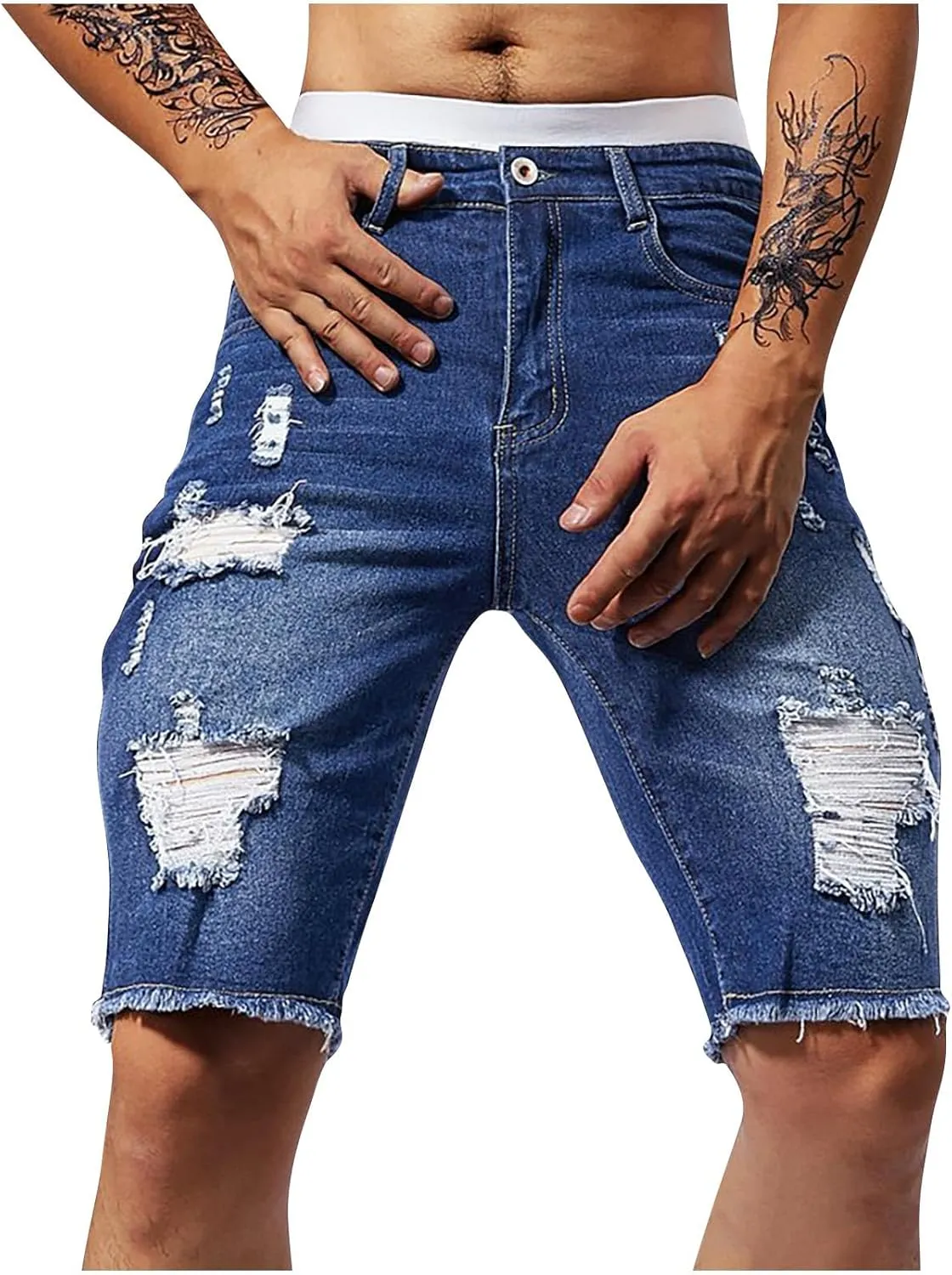 Mens Demin Shorts Casual Raw Trim Slim Fit Ripped Distressed Jean Shorts Y2K Hip Hop Fashion Grunge Denim Bottom