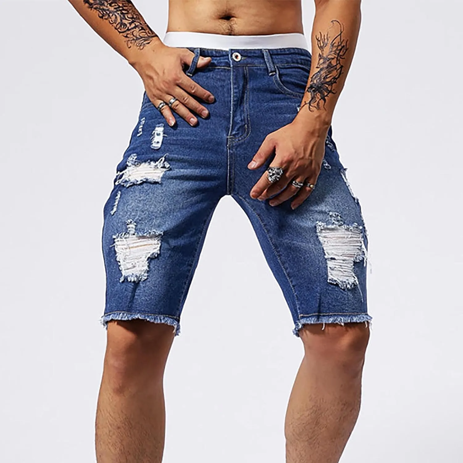 Mens Demin Shorts Casual Raw Trim Slim Fit Ripped Distressed Jean Shorts Y2K Hip Hop Fashion Grunge Denim Bottom