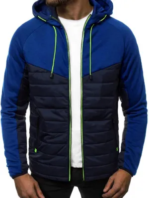Men's Fashion Full Zip Up Sweatshirt Color Matching Splicing Jackets Coats Colour Block Patchwork Hooded Tops