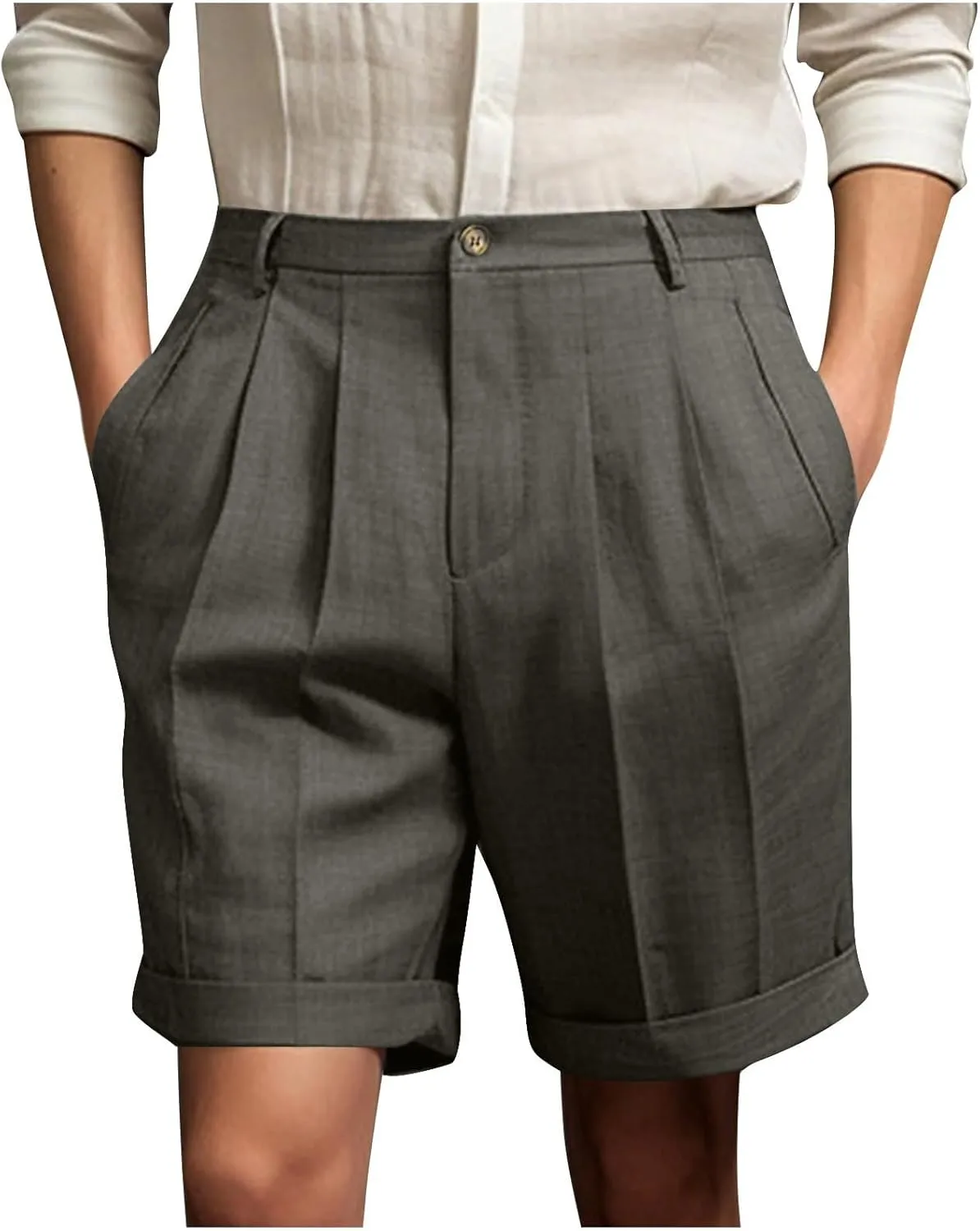 Mens Golf Chino Shorts Summer Beach Relaxted-Fit Pleated Front Button Waist Suit Shorts Solid Work Basic Short Pants