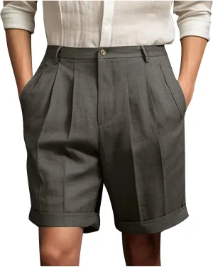 Mens Golf Chino Shorts Summer Beach Relaxted-Fit Pleated Front Button Waist Suit Shorts Solid Work Basic Short Pants