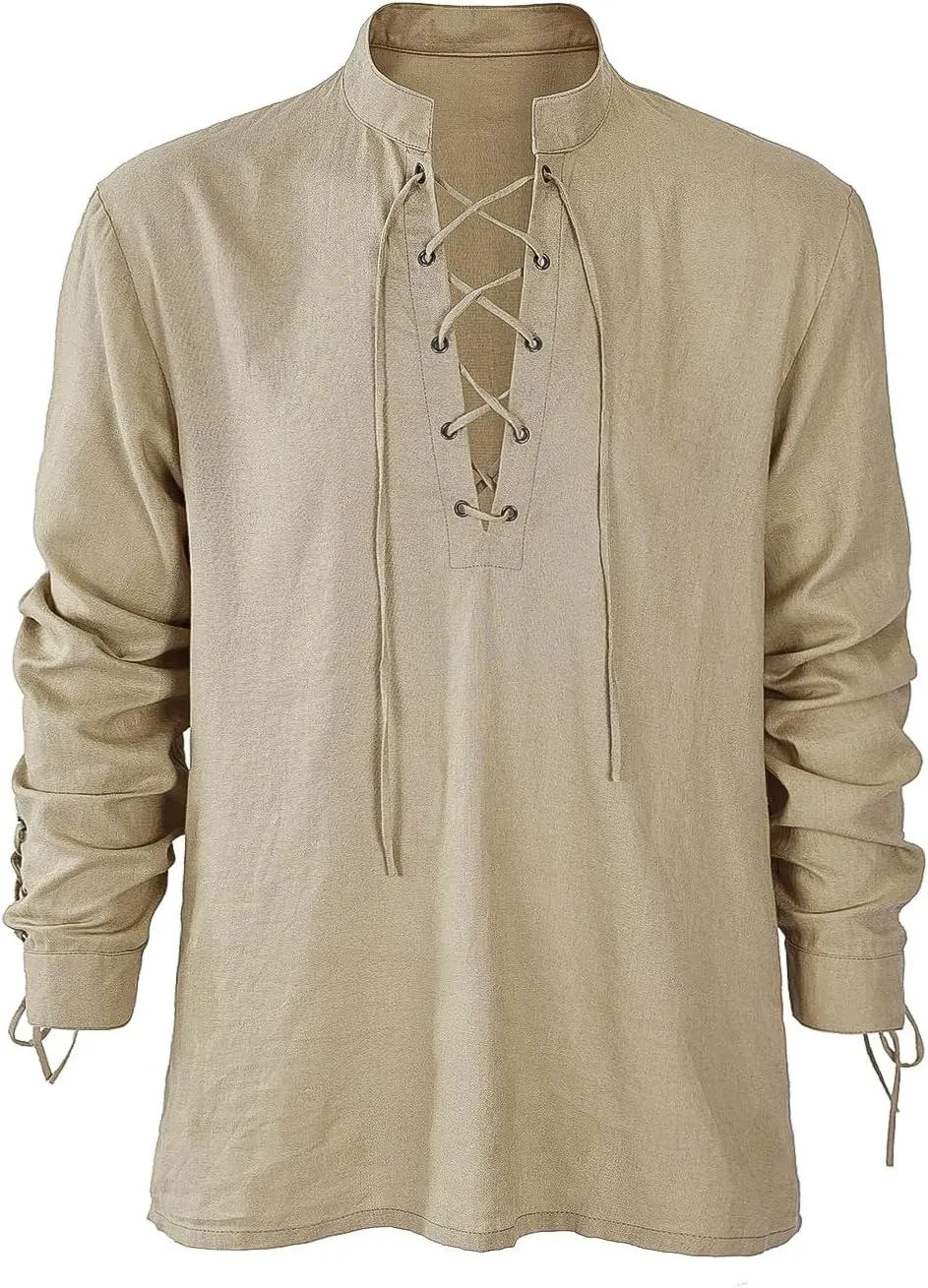 Men's Renaissance Shirt Pirate Medieval Viking top Linen Long Sleeved Halloween Costume