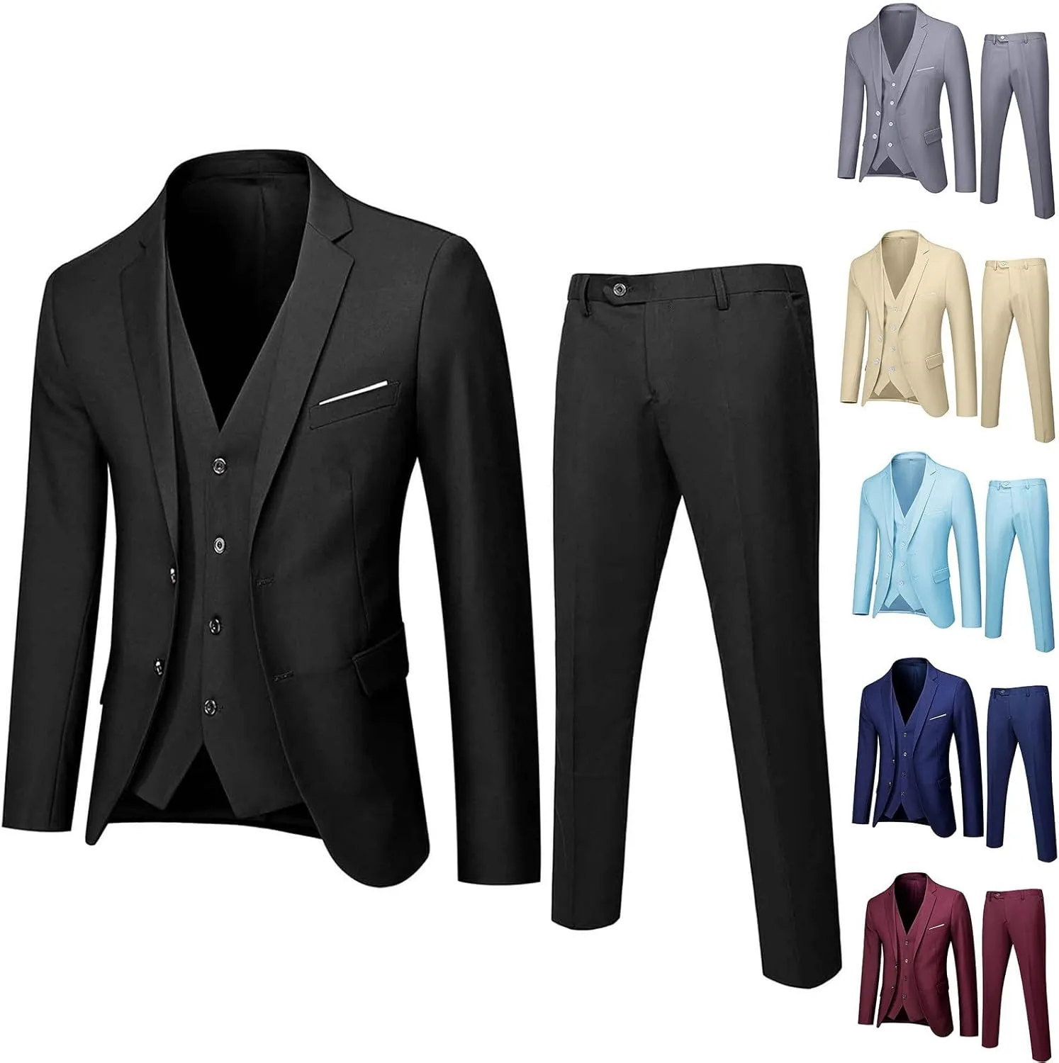Men's Slim Fit Suit Clothes, Two Button 3-Piece Blazer Dress Business Wedding Party Jacket Vest & Pant Outfits