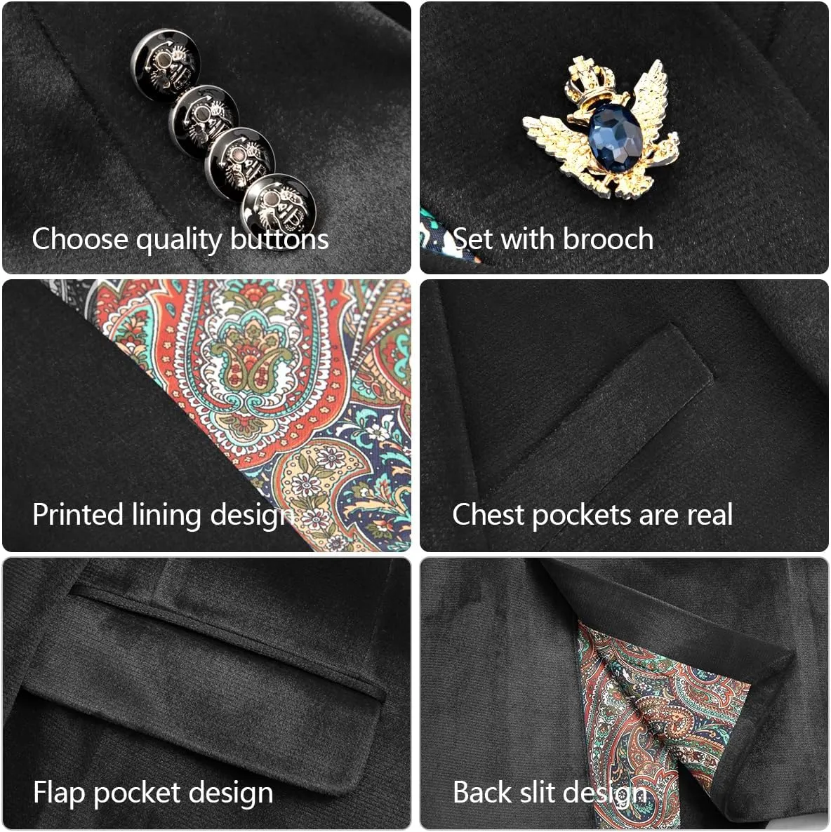 Men's Velvet Blazer for Casual Men's Blazer one-Button Lapel Tuxedo with Brooch Dinner Party Wedding Prom Party