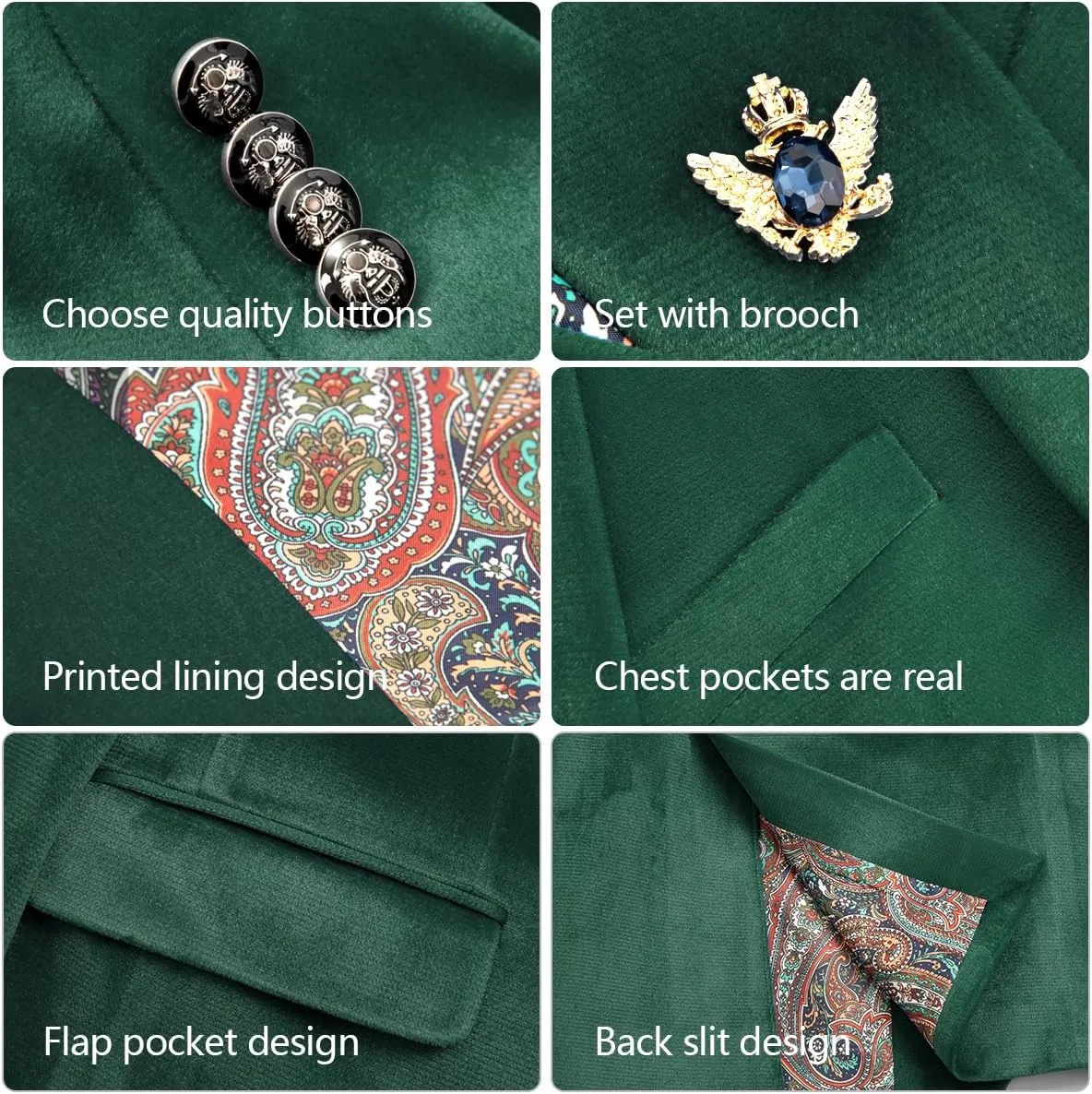 Men's Velvet Blazer for Casual Men's Blazer one-Button Lapel Tuxedo with Brooch Dinner Party Wedding Prom Party