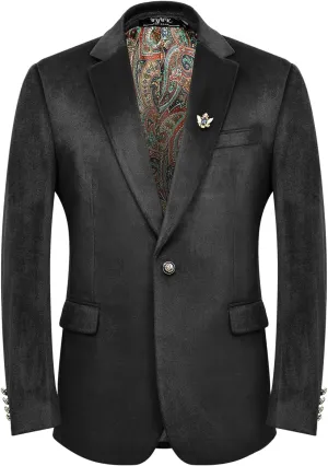 Men's Velvet Blazer for Casual Men's Blazer one-Button Lapel Tuxedo with Brooch Dinner Party Wedding Prom Party