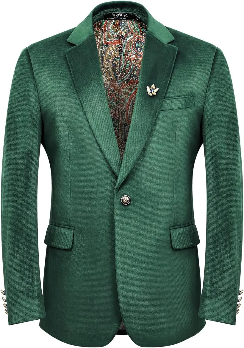 Men's Velvet Blazer for Casual Men's Blazer one-Button Lapel Tuxedo with Brooch Dinner Party Wedding Prom Party