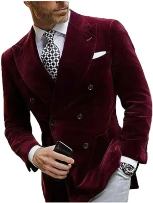 Mi Bo Tong Mens Double Breasted Velvet Blazer Peak Lapel Dinner Jacket for Men Prom Party Coat