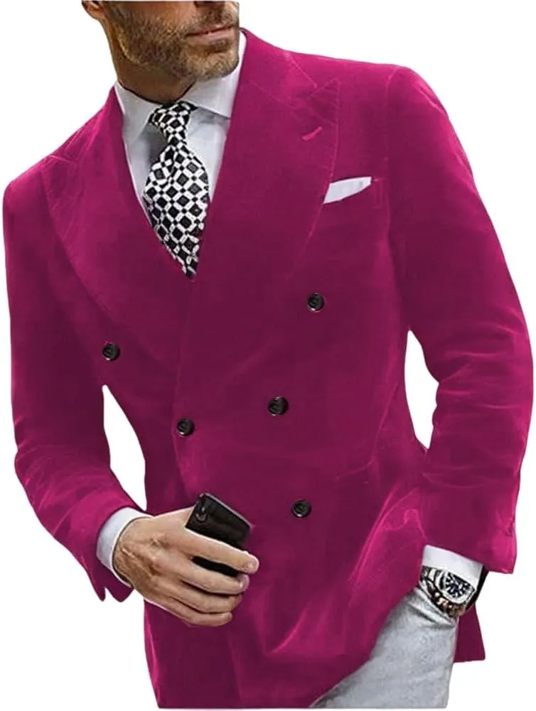Mi Bo Tong Mens Double Breasted Velvet Blazer Peak Lapel Dinner Jacket for Men Prom Party Coat