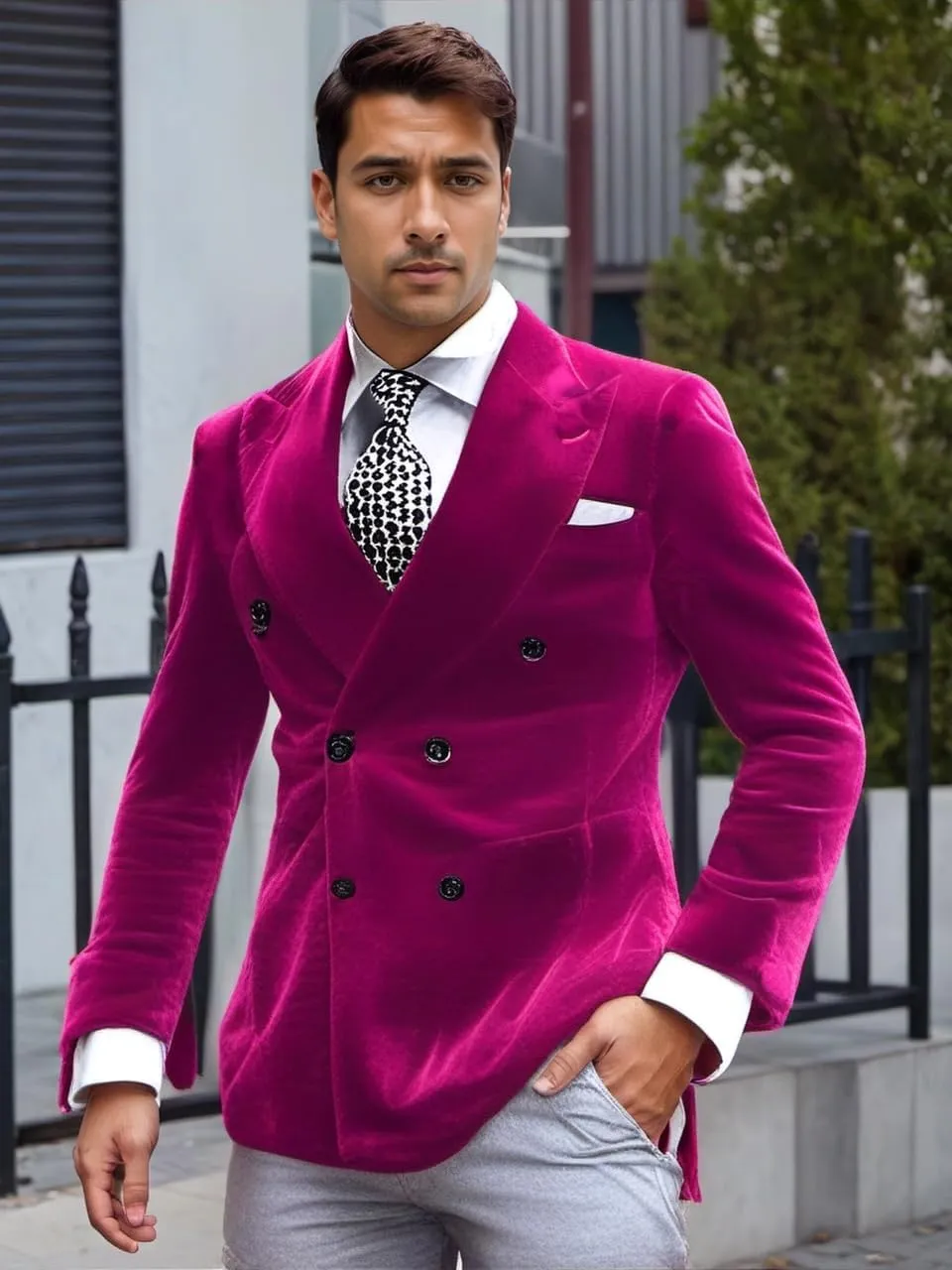 Mi Bo Tong Mens Velvet Blazer Jacket Double Breasted Notch Lapel Dinner Suit Jacket Prom Party Coat