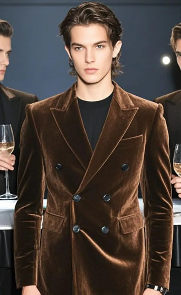 Mi Bo Tong Mens Velvet Blazer Jacket Double Breasted Notch Lapel Dinner Suit Jacket Prom Party Coat