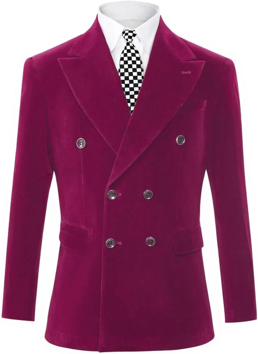 Mi Bo Tong Mens Velvet Blazer Jacket Double Breasted Notch Lapel Dinner Suit Jacket Prom Party Coat