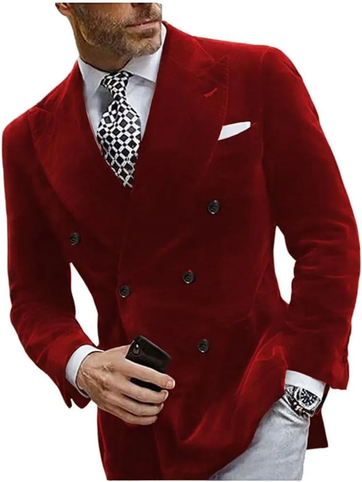 Mi Bo Tong Mens Velvet Blazer Jacket Double Breasted Notch Lapel Dinner Suit Jacket Prom Party Coat