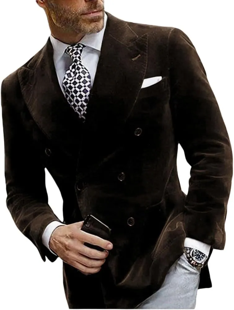 Mi Bo Tong Mens Velvet Blazer Jacket Double Breasted Notch Lapel Dinner Suit Jacket Prom Party Coat