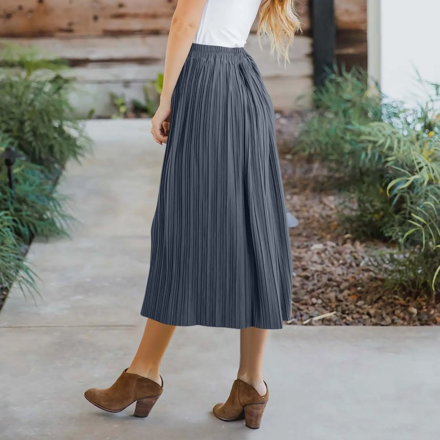 Midi Skirts for Women Casual Summer Beach Vacation High Elastic Waist Front Button A-Line Pleated Flowy Skirts