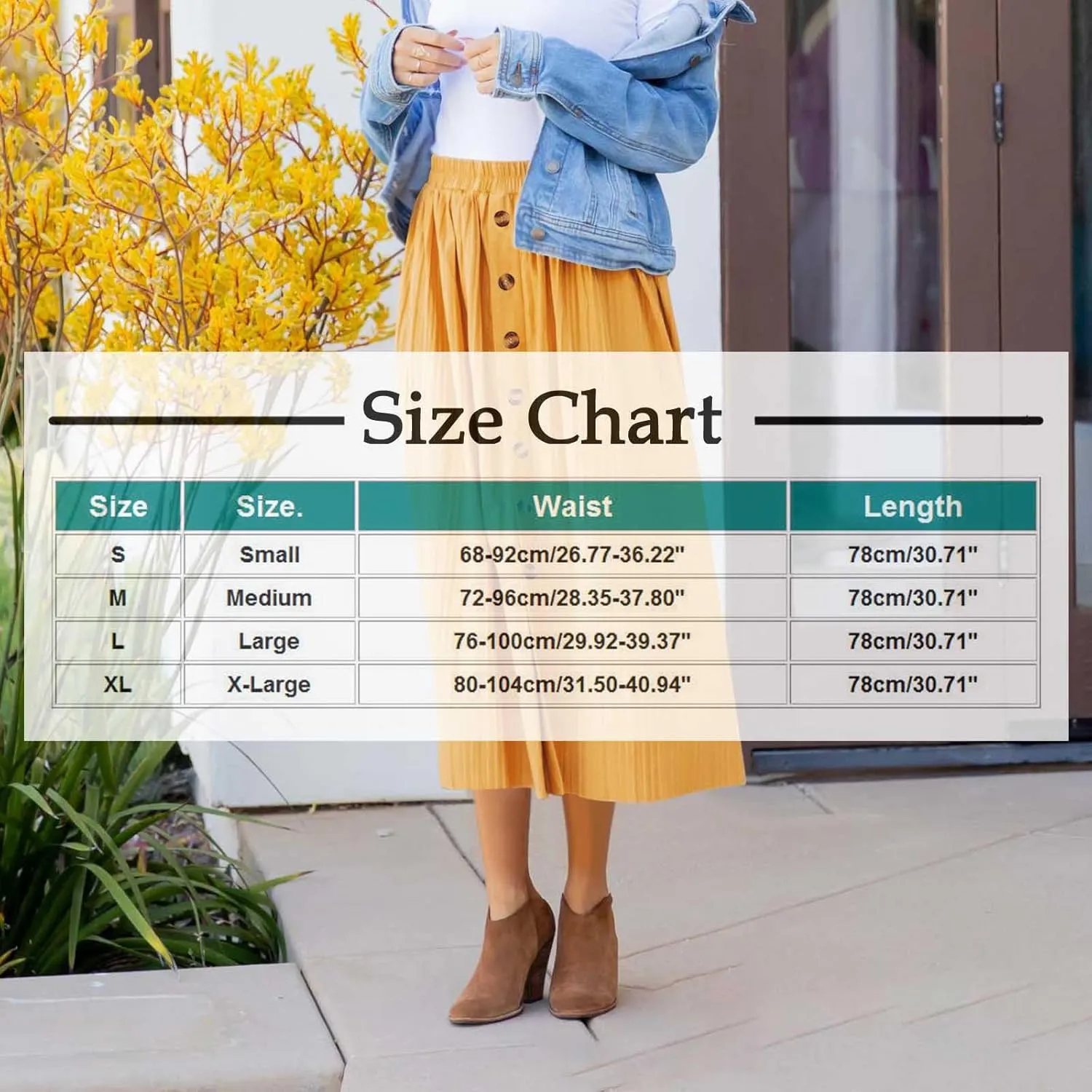 Midi Skirts for Women Casual Summer Beach Vacation High Elastic Waist Front Button A-Line Pleated Flowy Skirts