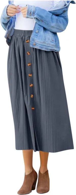 Midi Skirts for Women Casual Summer Beach Vacation High Elastic Waist Front Button A-Line Pleated Flowy Skirts