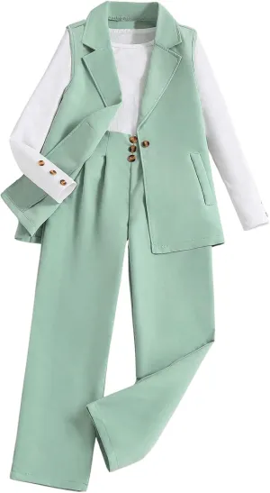 Milumia Girl's 3 Piece Outfits Long Sleeve Tee Shirt and Blazer Vest with Pants