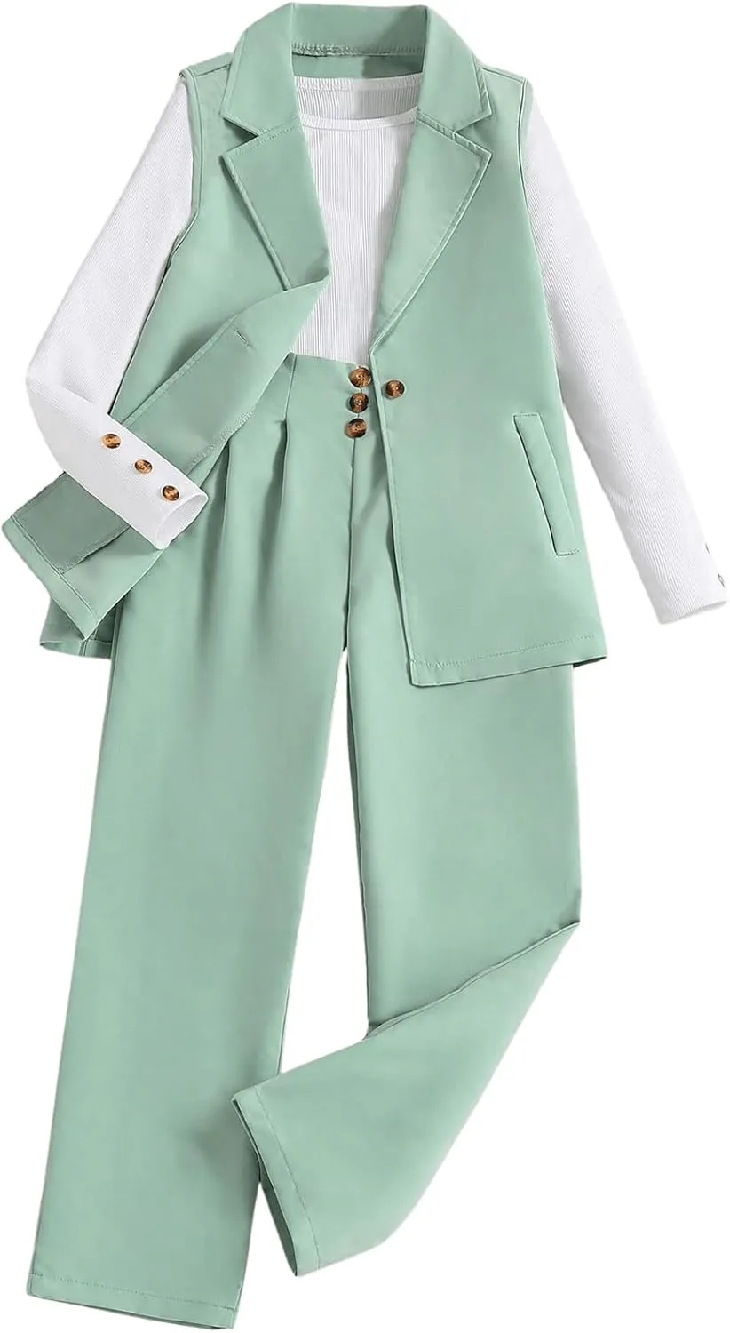 Milumia Girl's 3 Piece Outfits Long Sleeve Tee Shirt and Blazer Vest with Pants
