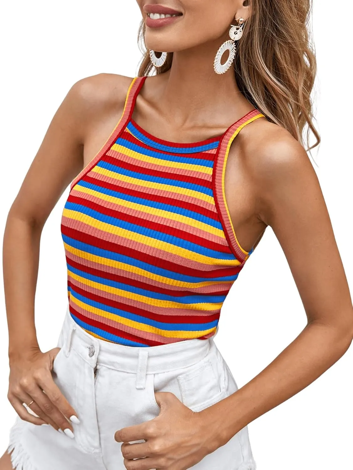 Milumia Women Casual Rainbow Striped Ribbed Knit Cami Top Spaghetti Strap Camisole