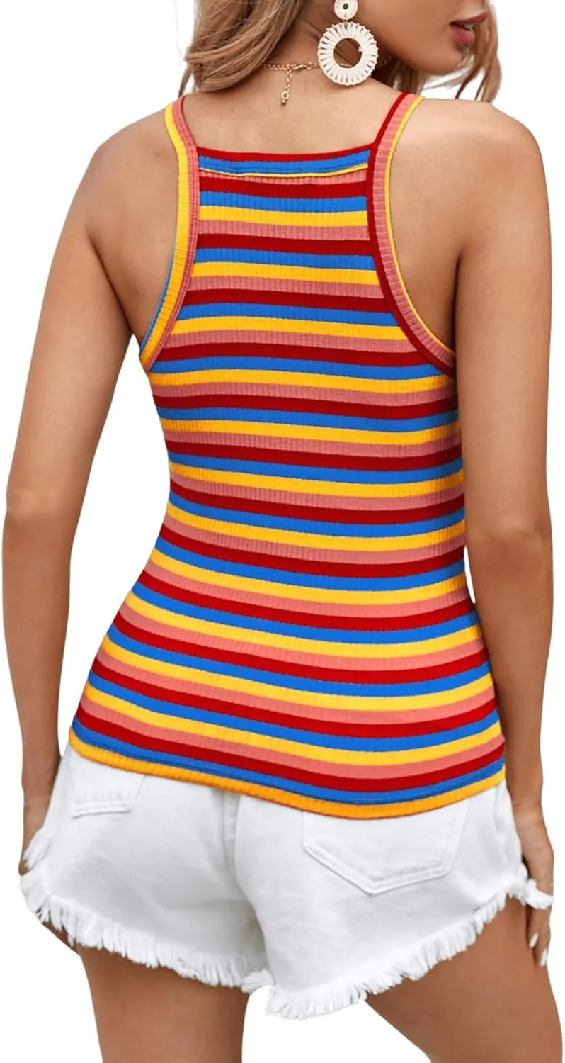 Milumia Women Casual Rainbow Striped Ribbed Knit Cami Top Spaghetti Strap Camisole