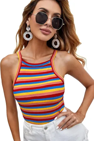 Milumia Women Casual Rainbow Striped Ribbed Knit Cami Top Spaghetti Strap Camisole